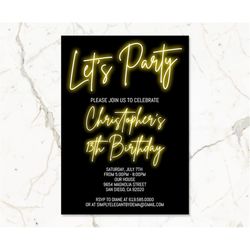 black & yellow birthday invitation for boys teens kids/any age/neon light yellow birthday invitation template/instant do