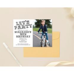 simple black and white birthday invitation photo template, any age, instant download birthday invitation for boys teens