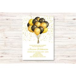 black and gold birthday invitation template, editable birthday invitations, gold and black balloons birthday party invit