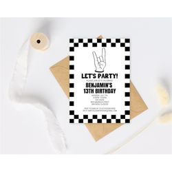 simple black & white birthday invitation template, rock and roll invitation, instant download birthday invitation for bo