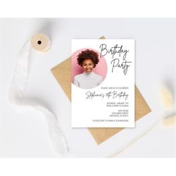 minimalist black & white birthday party invitation, instant download modern photo birthday invitation, editable invite,