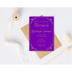 gold and purple retirement invitations for him her/printable golden frame pruple retirement invitations for men women/te