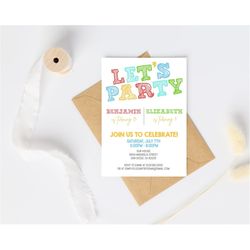 colorful joint birthday party invitation template, modern minimalist double birthday party, siblings birthday party invi