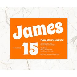 template orange birthday invitations for boys girls kids teens/any age & color/printable kids birthday invitation/instan