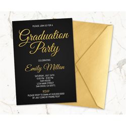 gold & black graduation announcement, black graduation party invitation template, college graduation, high school gradua