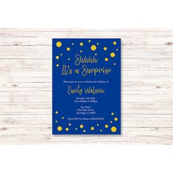 blue & gold birthday invitations/printable gold and royal blue confetti birthday invitations for men women kids/instant