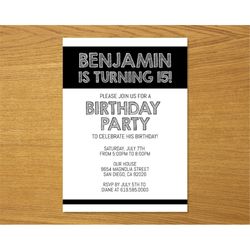 simple black and white birthday invitation template, any age, instant download birthday invitation for boys teens kids g