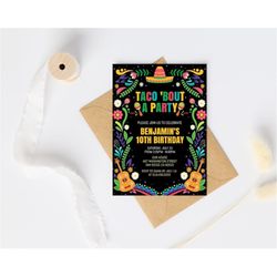 fiesta birthday party invitation, mexican theme party printable invitation, taco bout a party invitation, corjl template