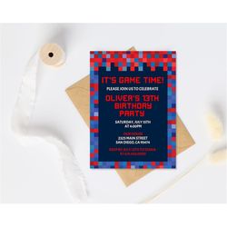 red & blue pixelated invitation template, video game birthday invitation, pixel birthday invitation, gaming party for bo