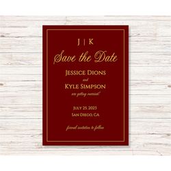 burgundy save the date cards template/moron & gold save the dates postcard/modern red and gold save the date announcemen