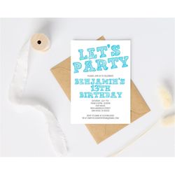 simple blue and white birthday invitation template, any age, instant download blue birthday invitation for boys teens ki