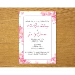 pink floral birthday invitations template for girls, women, teens, kids/cherry blossom japanese invitations/corjl/pink b