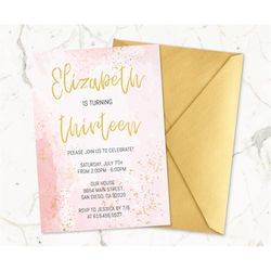 any age pink watercolor birthday invitations template for girls/women/teens/kids/adults, pink & gold birthday invitation