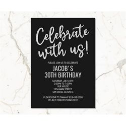 black & silver birthday invitations/editable silver sparkle birthday invitations for men women/any age/instant download/