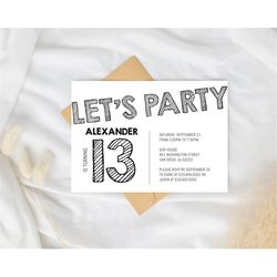 simple black and white birthday invitation template, any age, instant download birthday invitation for boys teens kids g