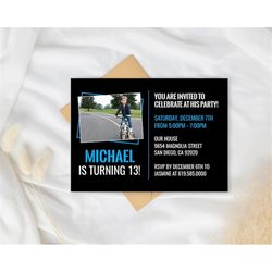 photo black and blue birthday invitation for teens boys teenager/any age & color/blue birthday invitation template for k