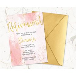 pink watercolor retirement invitations template/printable pink & gold retirement invitations for men women/instant downl