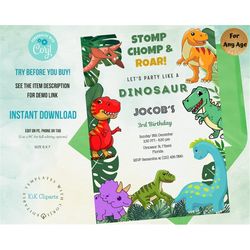 Editable Dinosaur Birthday Invitation Dinosaur Party Invite Dinosaur Theme T-Rex 1st Birthday 2nd 3rd 4th 5th Dino Party