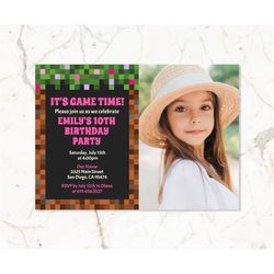 photo pink pixelated invitation for girls, pink minecraft invitations for girls, pixel birthday invitation, minecraft ga