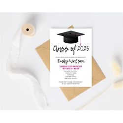 pink graduation party invitation template, graduation announcement, graduation cap, printable graduation invitation, hig