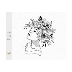 woman with flowers on head svg, floral girl svg, flower crown, peony, sunflower and lily flowers