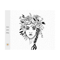 woman with flower crown svg, floral girl svg, flowers on head png, peony and lily flowers