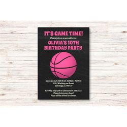 pink basketball birthday invitations for girls/pink basketball invitation for kids, teens/pink sports birthday invitatio