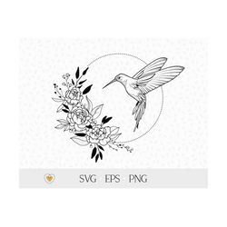 hummingbird svg, wreath with peony, flying bird png, svg files for cricut