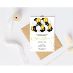 black & gold balloons birthday invitation template, balloons birthday party invitations for girls boys teens kids women