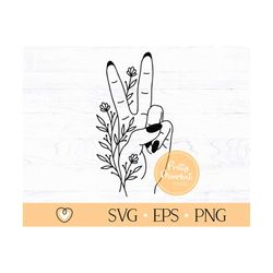 floral peace sign hand svg, hand with wildflowers svg, png