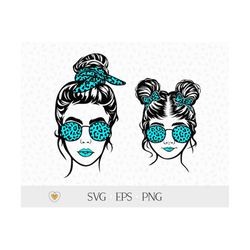 mom and daughter with messy bun and glasses svg, mom life svg, leopard bandana, svg files for cricut