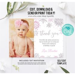 editable winter onederland photo thank you card, girl snowflake note card, pink silver winter wonderland template printa