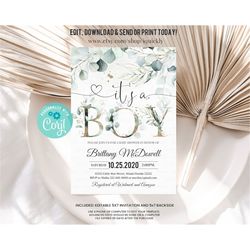 editable eucalyptus greenery baby shower invitation, gender neutral eucalyptus shower invite template its boy digital do