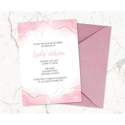pink watercolor invitations/pink gold birthday party invitation template for girls women adults kids/modern marble birth