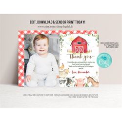 editable farm thank you card, barnyard first birthday note card, farm animals printable birthday template card printable