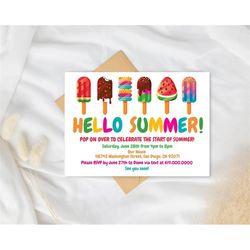hello summer popsicle party invitation template, icecream summer party invitation, last day of school, neighborhood part