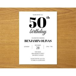 simple black and white birthday invitation, any age, instant download birthday invite, modern invitation for adults men