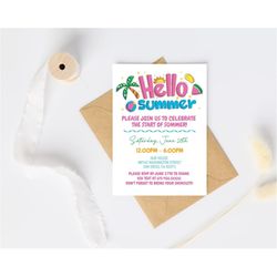 hello summer party invitation template, sun invitation, summer party, last day of school, neighborhood party, birthday p