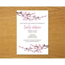 pink flowers retirement invitations template/printable pink cherry blossoms retirement invitations for men women/instant