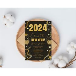 2024 new year party invitation template, gold & black new year invitation, glitter gold holiday office party, instant do