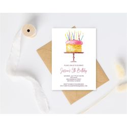 Watercolor Cake Birthday Party Invitation Template/Girl's Pink Birthday Party Invitation/Pink Invitation for Girls Women