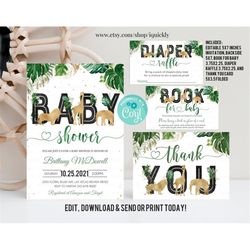 editable jungle gold baby shower invitations set boy wild one baby shower invite bundle safari animals inserts template