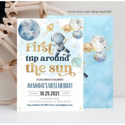 EDITABLE First Trip Around the Sun Outer Space First Birthday Invitation Galaxy Blast Off  Printable Templates Digital D
