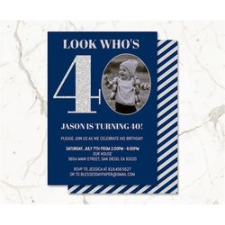 Silver & Blue Birthday Invitation for Men Women, Navy Blue Birthday Invite, Photo Birthday Invitation Template/ANY AGE/I