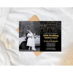 gold confetti photo wedding anniversary invitation template, corjl instant download, gold and black 50th wedding anniver