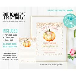 editable pumpkin time capsule and matching note cards, little pumpkin pink gold 1st birthday time capsule, fall autumn i