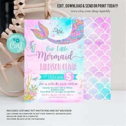 editable mermaid birthday invitation,mermaid invite,under the sea birthday party, printable template digital instant dow