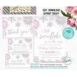 editable snowflake baby shower invitation set, editable girl winter pink silver pack invitations package a little snowfl