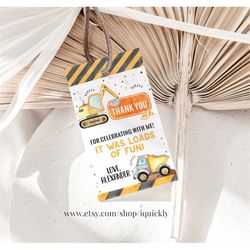 construction birthday favor tags editable, dump truck party thank you tags, gift tags template printable instant digital