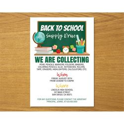 Back to School Flyer, School Supply Fundraiser Flyer, Back to School Invitation, School Supply Drive Invitation, Instant